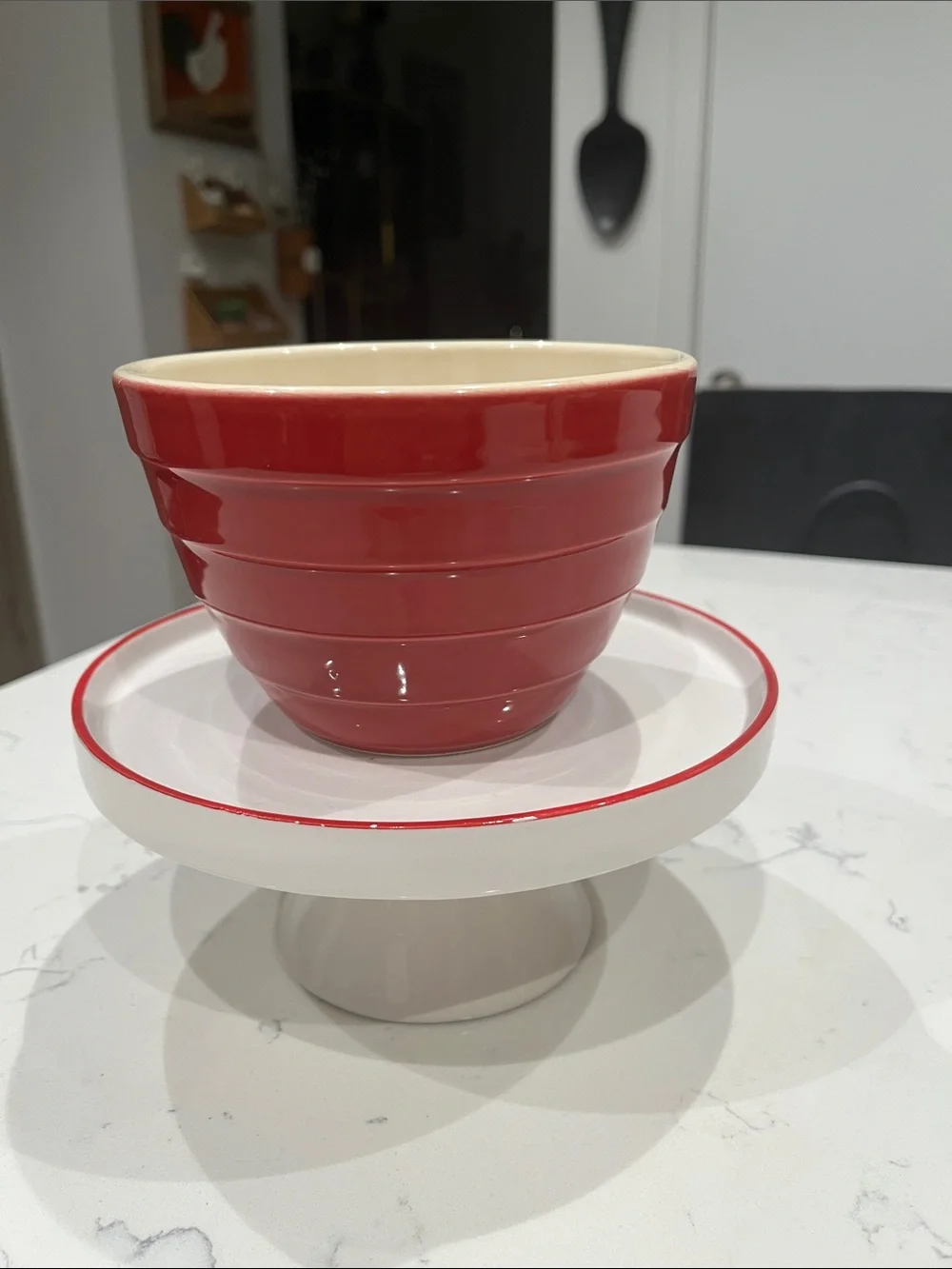 Crate&Barrel Red and Cream Ceramic Bowl with White Pedestal Plate